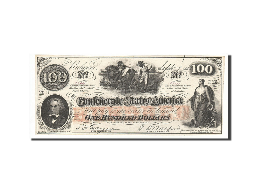 Banknote, Confederate States of America, 100 Dollars, 1862, 1862-08-26, KM:45