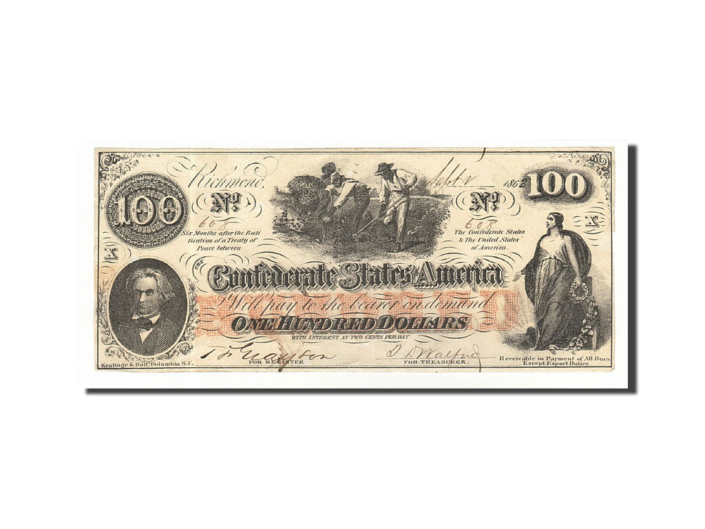 Banknote, Confederate States of America, 100 Dollars, 1862, 1862-08-26, KM:45