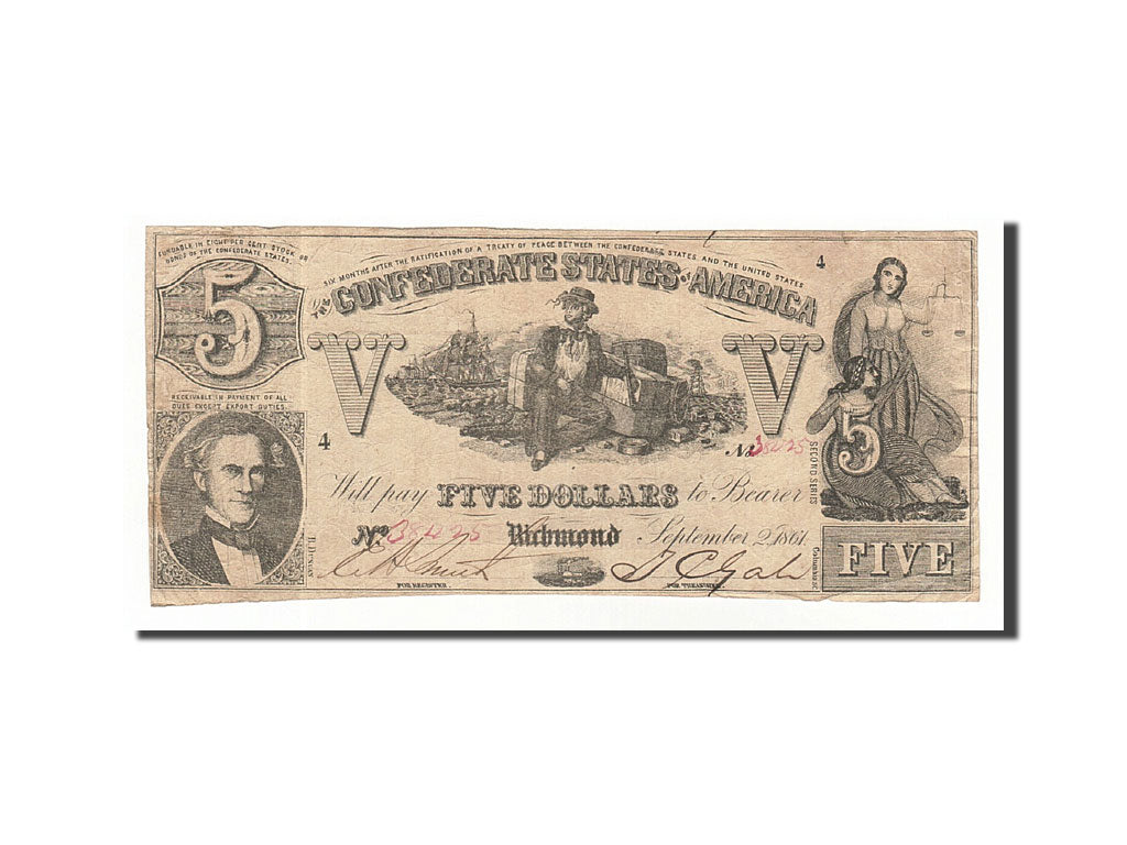 Confederate States of America, 5 Dollars, 1861, KM:20b, 1861-09-02, VF(20-25)
