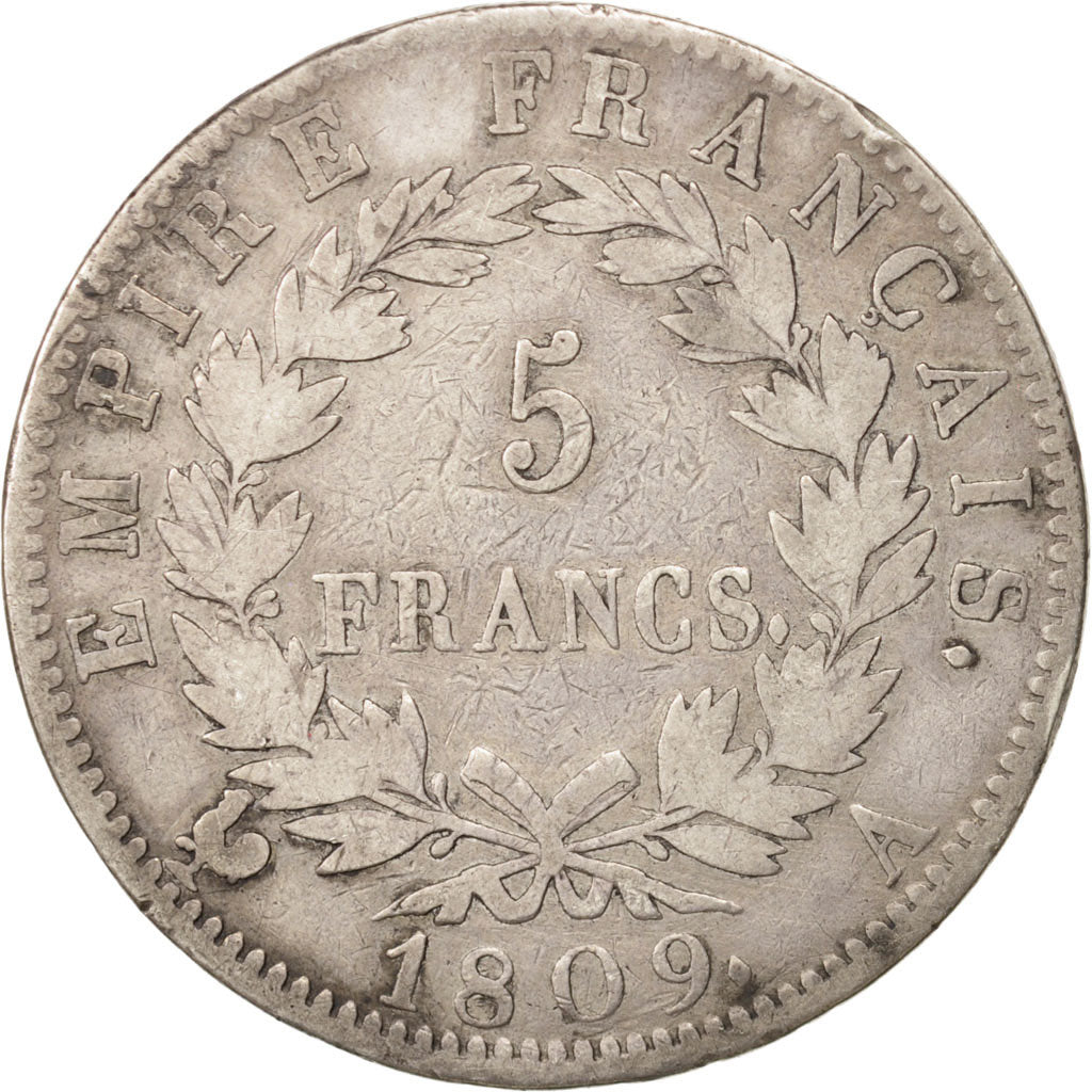 France, Napoléon I, 5 Francs, 1809, Paris, TB, Argent, KM:694.1, Gadoury:584