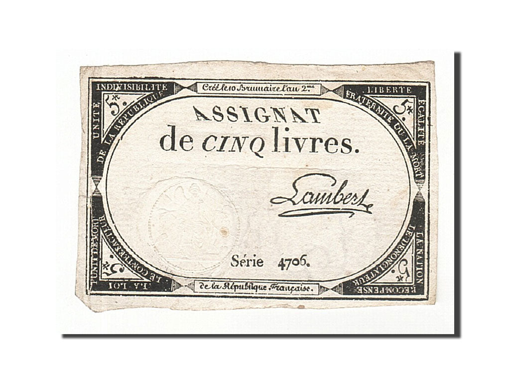 Banknote, France, 5 Livres, 1793, Lambert, 1793-10-31, EF(40-45), KM:A76