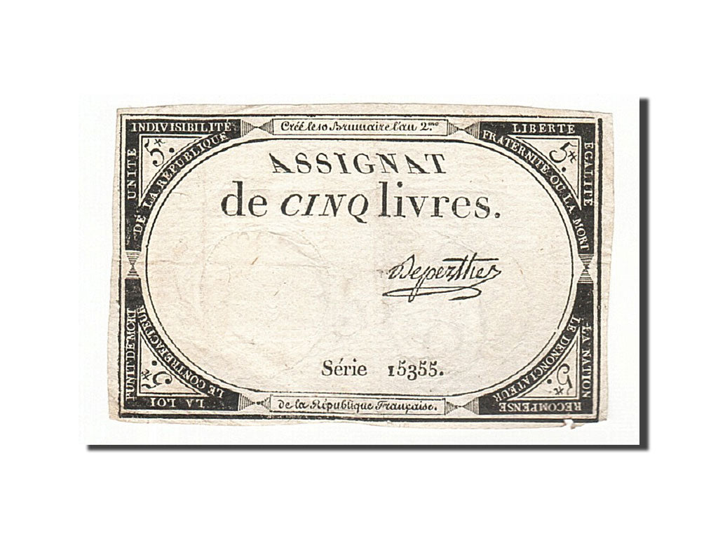 Billete, Francia, 5 Livres, 1793, Duperthe, 1793-10-31, MBC, KM:A76
