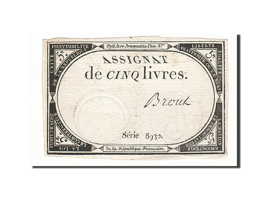 Geldschein, Frankreich, 5 Livres, 1793, Brouz, 1793-10-31, S+, KM:A76