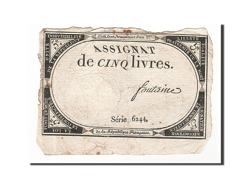 Banknote, France, 5 Livres, 1793, Fontaine, 1793-10-31, VF(30-35), KM:A76