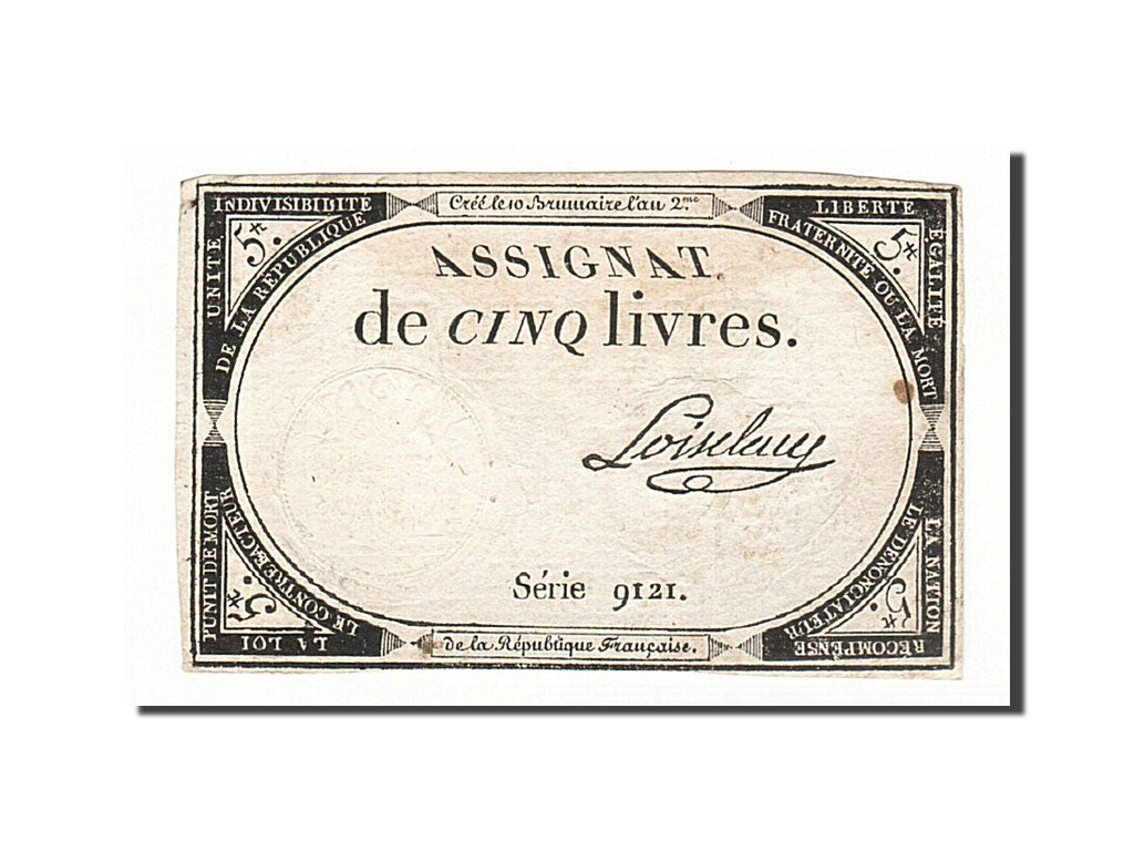 Biljet, Frankrijk, 5 Livres, 1793, Loiseleau, 1793-10-31, TB+, KM:A76
