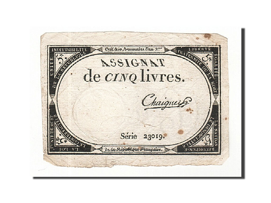 Banknote, France, 5 Livres, 1793, Chaignet, 1793-10-31, VF(30-35), KM:A76