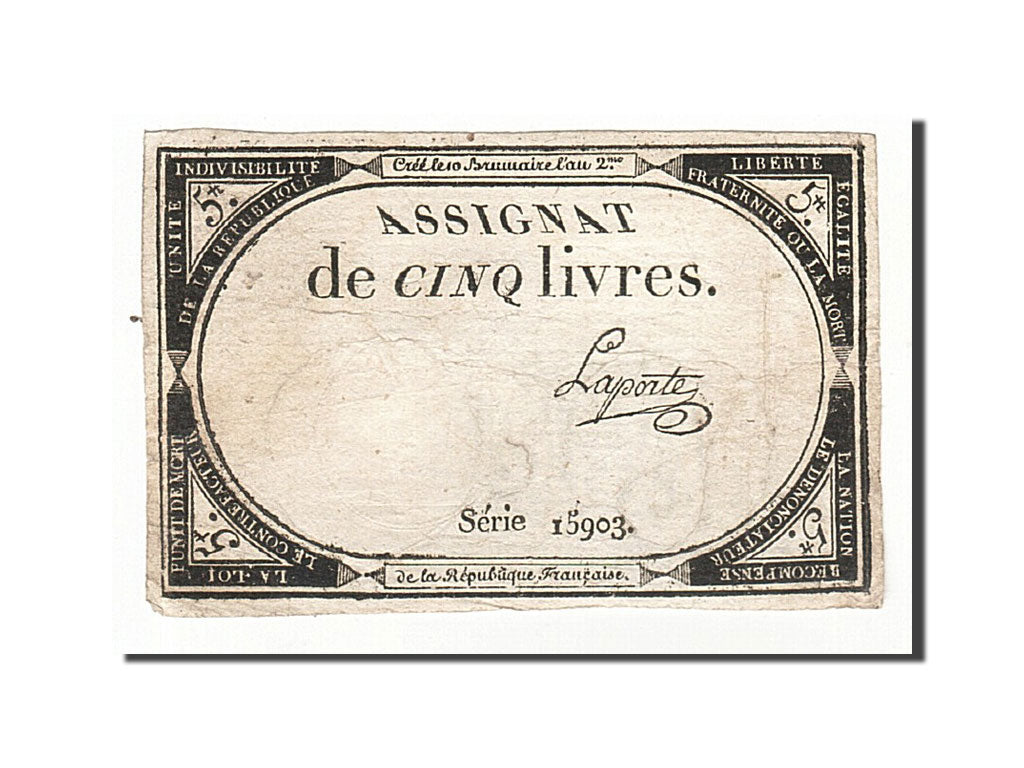 Francia, 5 Livres, 1793, Laporte, KM:A76, 1793-10-31, MB+, Lafaurie:171