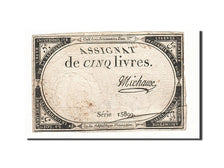 Banknote, France, 5 Livres, 1793, Michaux, 1793-10-31, VF(20-25), KM:A76