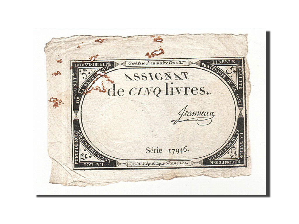 Billete, Francia, 5 Livres, 1793, Jeanneau, 1793-10-31, BC, KM:A76, Lafaurie:171