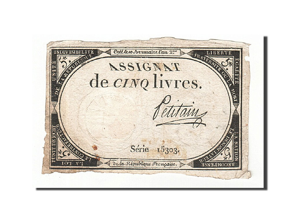 France, 5 Livres, 1793, 1793-10-31, Petitain, KM:A76, B+, Lafaurie:171
