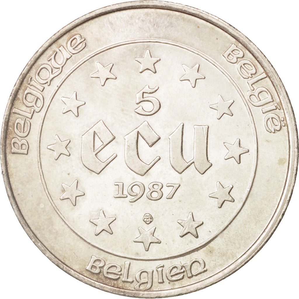 Belgium, 5 Ecu, 1987, Brussels, AU(55-58), Silver, KM:166