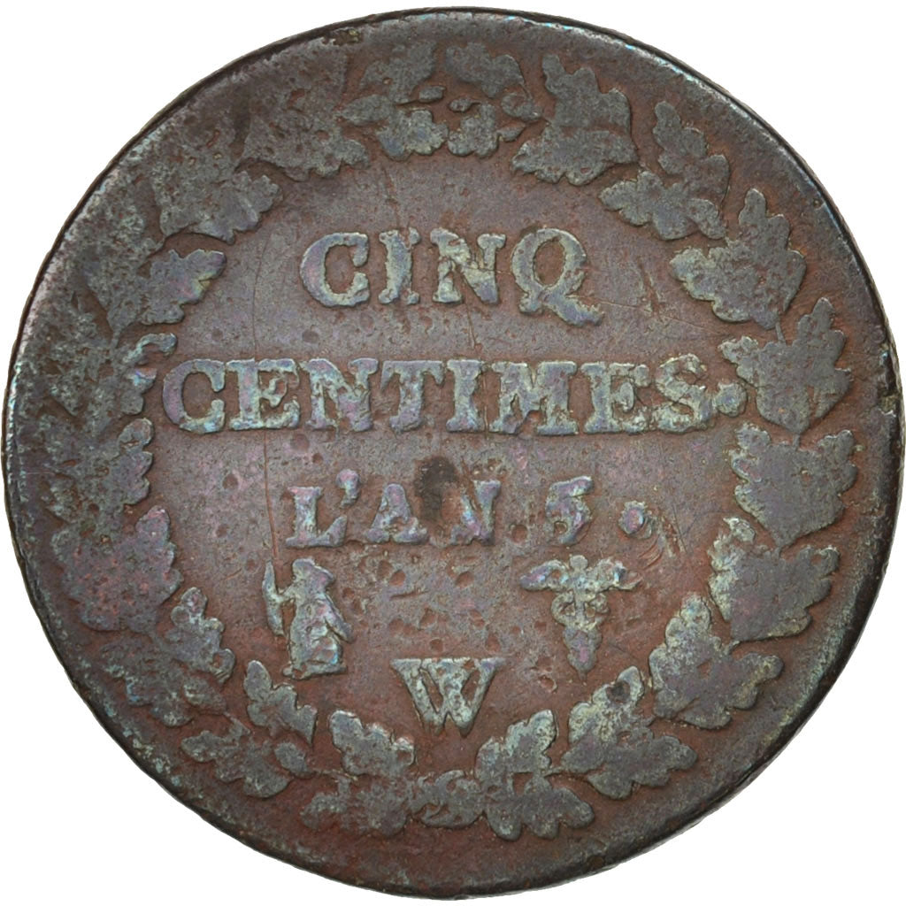 France, Dupré, 5 Centimes, 1796, Lille, F(12-15), Bronze, KM:640.11, Gadoury126