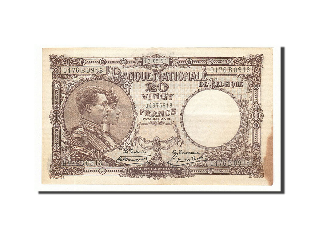 Belgium, 20 Francs, 1920-22, KM:94, 1921-06-17, EF(40-45)