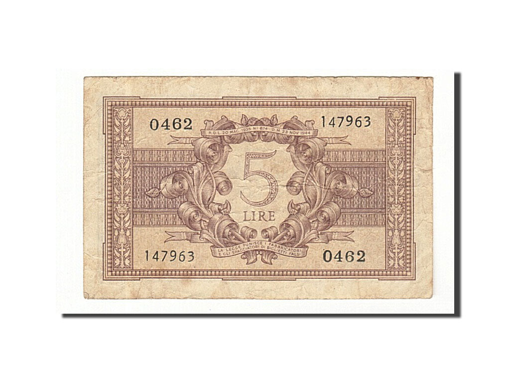 Banknote, Italy, 5 Lire, 1944, 1944-11-23, KM:31b, VF(30-35)