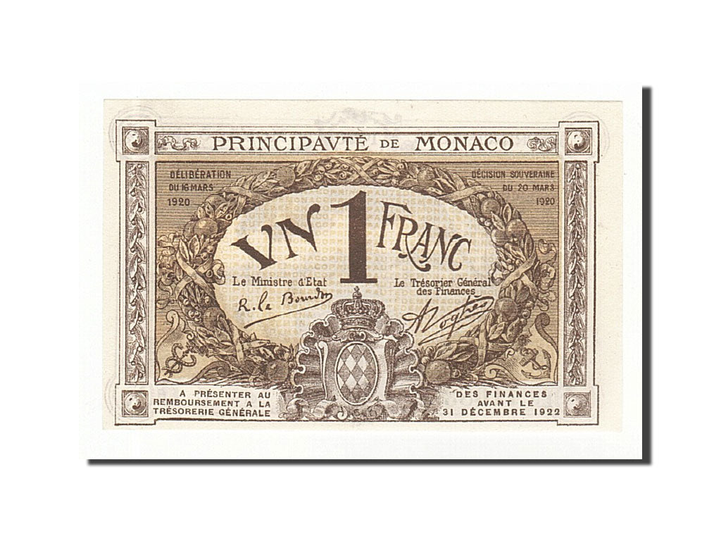 Banknote, Monaco, 1 Franc, 1920, 1920-03-20, KM:4b, UNC(65-70)