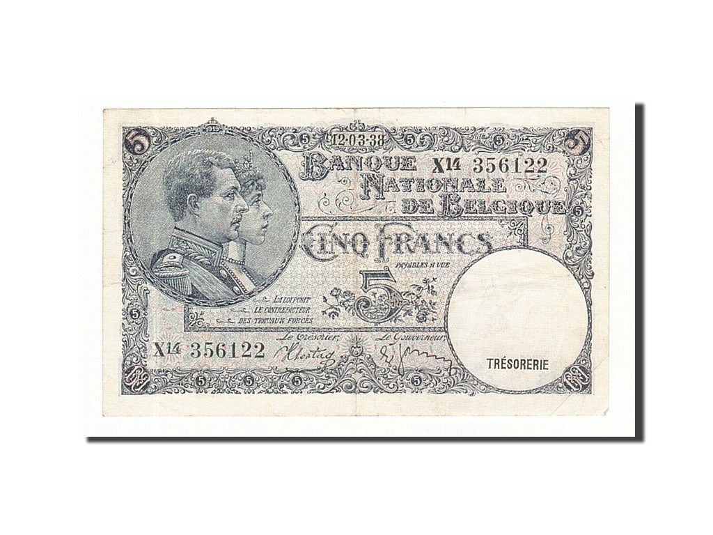Banknote, Belgium, 5 Francs, 1938, 1938-03-28, KM:108a, EF(40-45)