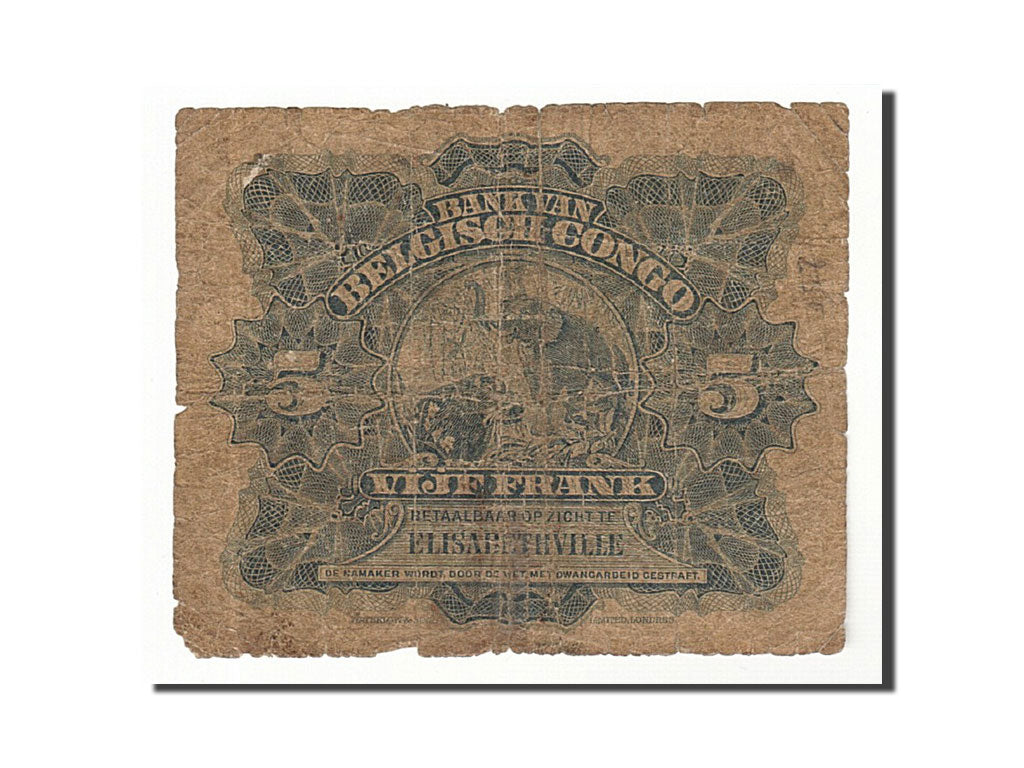 Belgian Congo, 5 Francs, 1921, KM:4, 1921-04-02, VG(8-10)