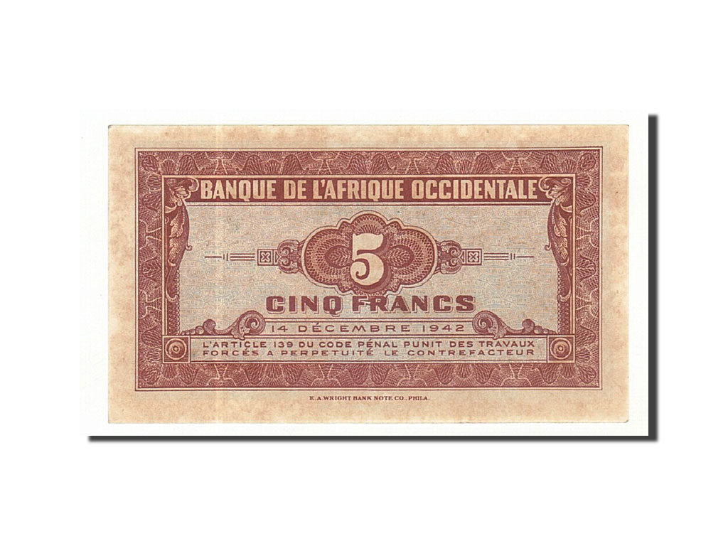 Banknote, French West Africa, 5 Francs, 1942, 1942-12-14, KM:28a, UNC(63)