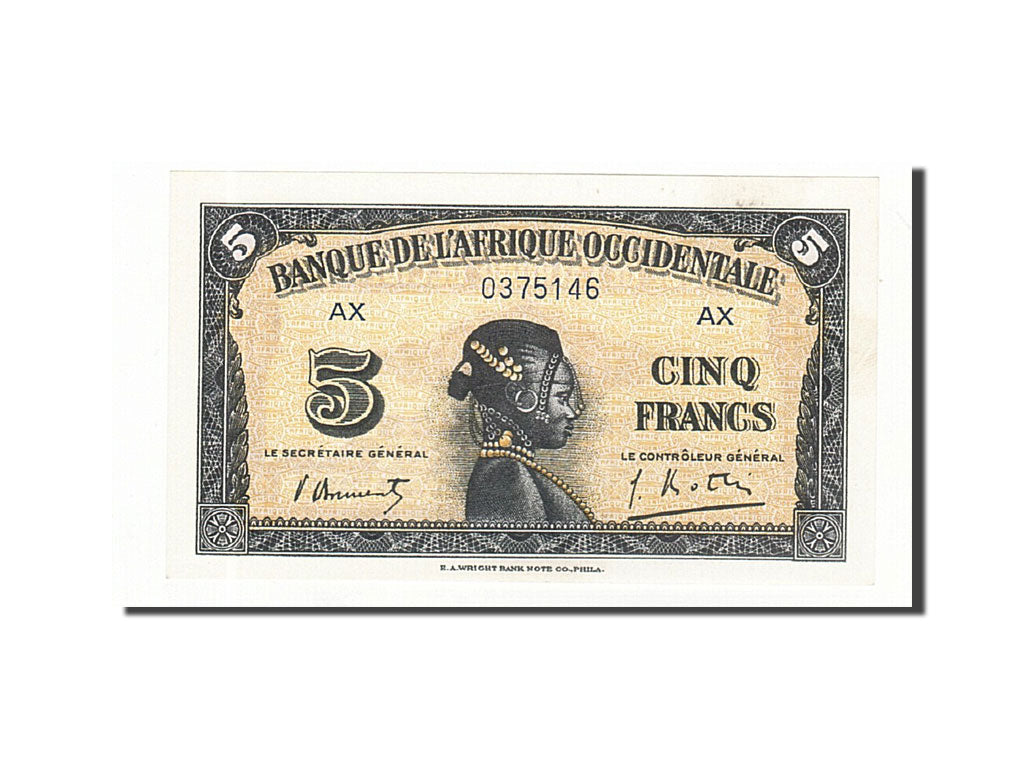 French West Africa, 5 Francs, 1942, KM:28b, 1942-12-14, UNC(65-70)