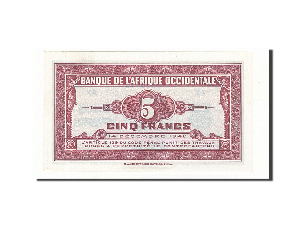 French West Africa, 5 Francs, 1942, KM:28b, 1942-12-14, UNC(65-70)