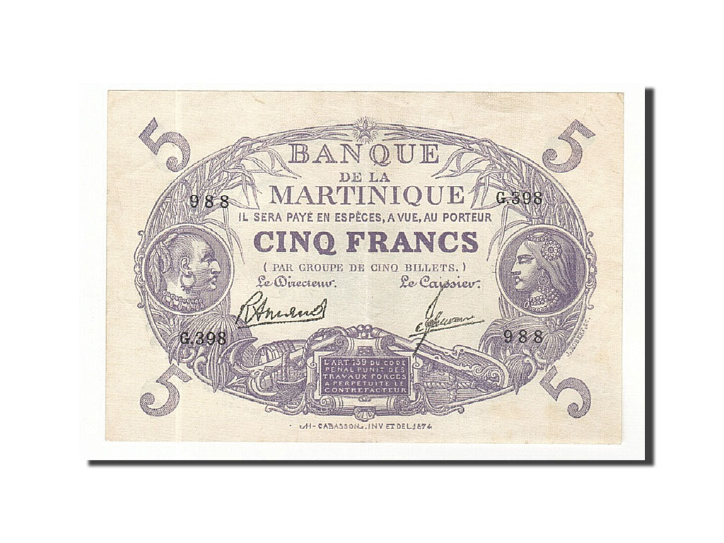 Banknote, Martinique, 5 Francs, 1934-45, Undated, KM:6, AU(50-53)