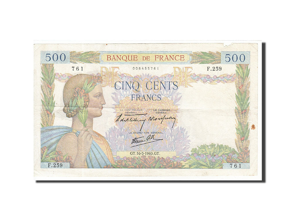 France, 500 Francs, 1940, KM:95a, 1940-05-16, VF(20-25), Fayette:32.2