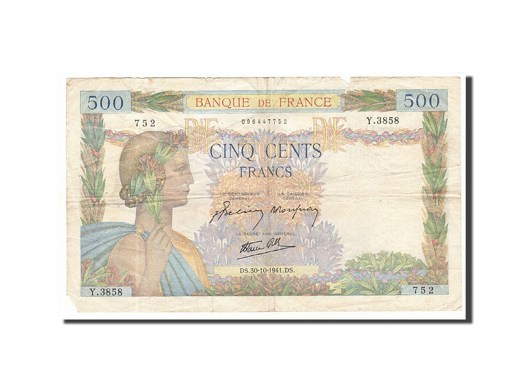 France, 500 Francs, 1941, 1941.10.30, KM:95b, B+, Fayette:32.23