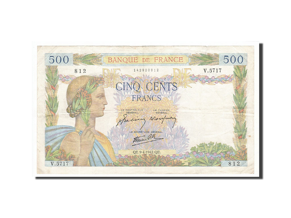 Banconote, Francia, 500 Francs, 1942, 1942-04-09, BB, Fayette:32.34, KM:95b