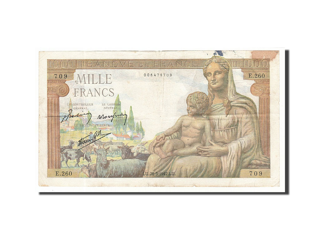 Francia, 1000 Francs, 1942, KM:102, 1942-05-28, MB+, Fayette:40.1