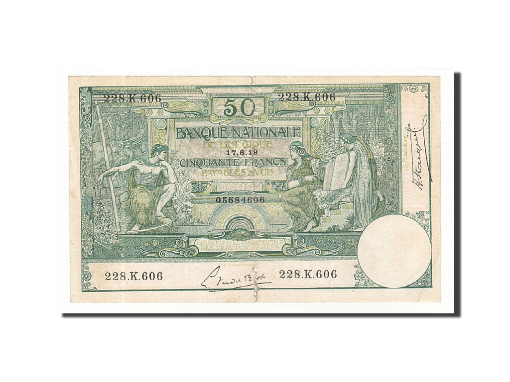 Belgium, 50 Francs, 1905-1910, KM:68b, 1919-06-17, AU(50-53)