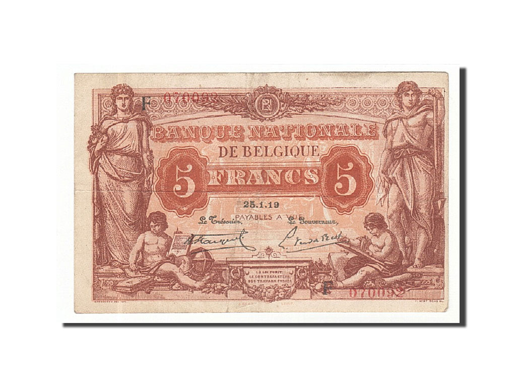 Banknote, Belgium, 5 Francs, 1919, 1919-01-25, KM:74b, EF(40-45)