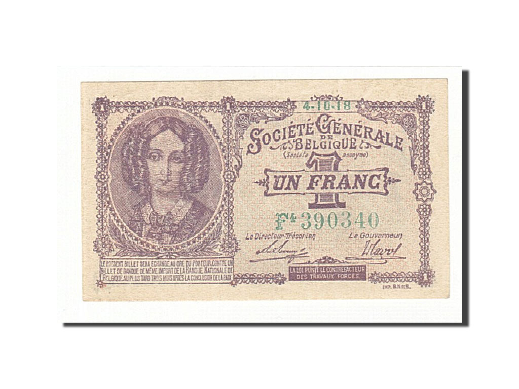 Belgium, 1 Franc, Société Générale, KM:86b, 1918-10-04, UNC(63)