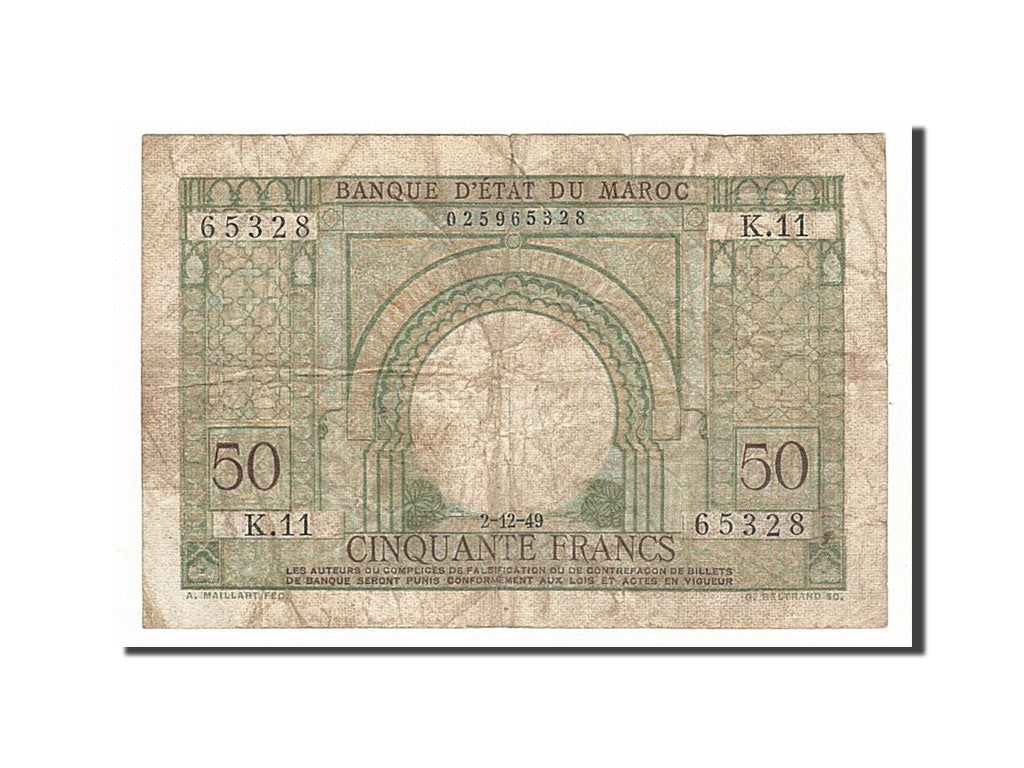 Morocco, 50 Francs, 1949, KM:21, 1949-12-02, VF(20-25)