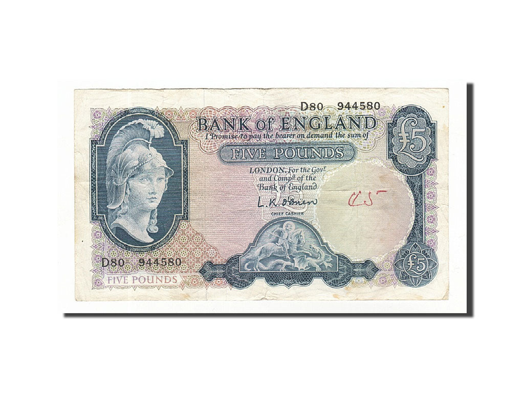 Great Britain, 5 Pounds, 1957-1961, KM:371a, Undated, VF(20-25)