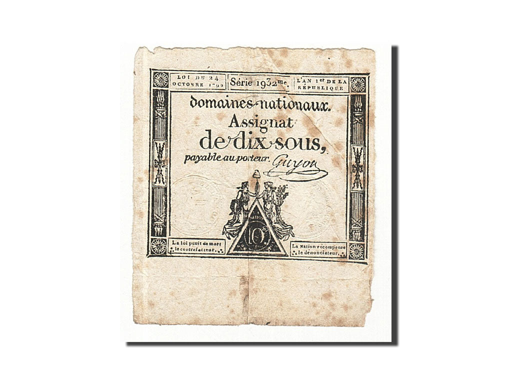Geldschein, Frankreich, 10 Sous, 1792, Guyon, 1792-10-24, S, KM:A64a
