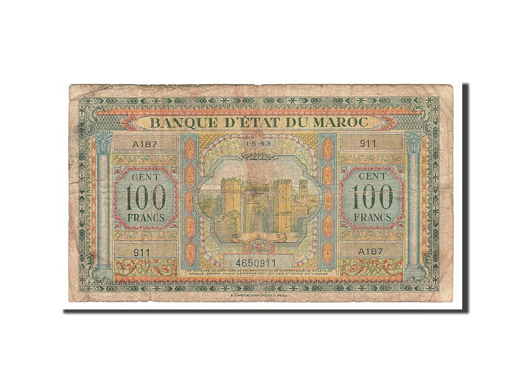 Morocco, 100 Francs, 1943, KM:27A, 1943-05-01, VF(20-25)