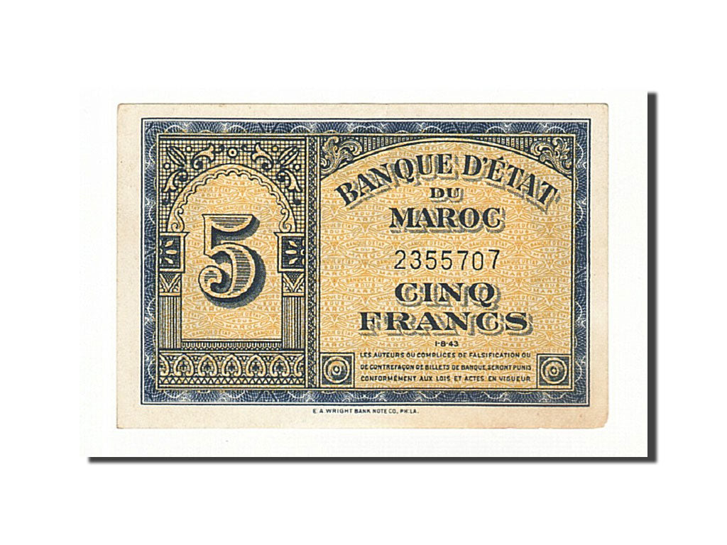 Morocco, 5 Francs, 1943, KM:24, 1943-08-01, AU(55-58)