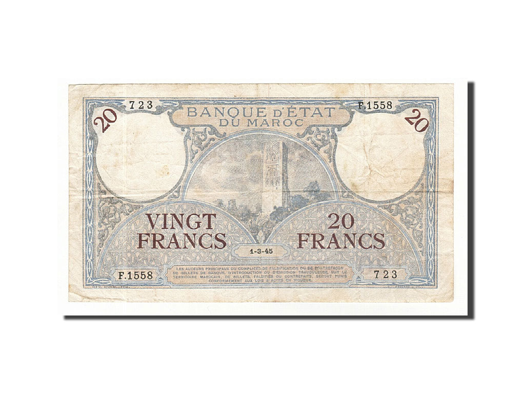 Morocco, 20 Francs, 1945, KM:18b, 1945-03-01, VF(30-35)