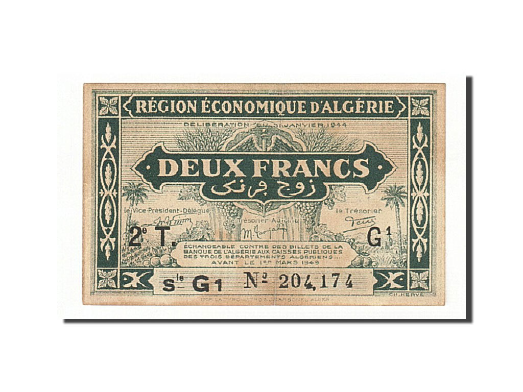 Algeria, 2 Francs, 1944, KM:102, 1944-01-03, EF(40-45)