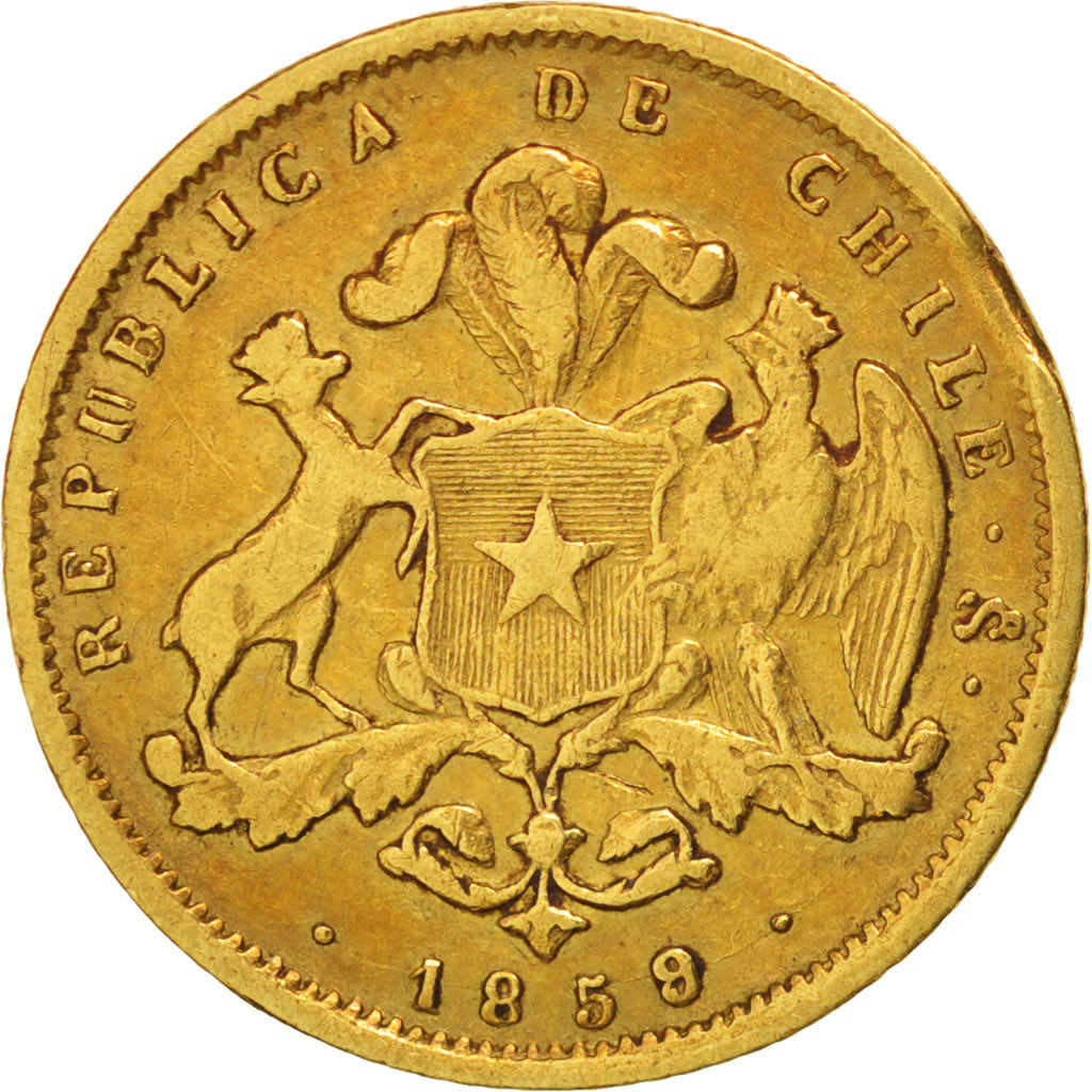 Chile, 2 Pesos, 1859, Santiago, VF(30-35), Gold, KM:132