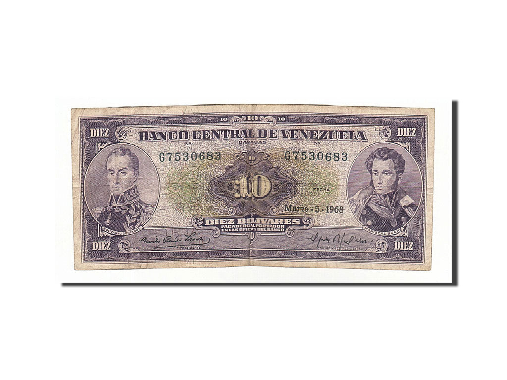 Venezuela, 10 Bolívares, 1963-1970, KM:45e, 1968-03-05, VF(20-25)