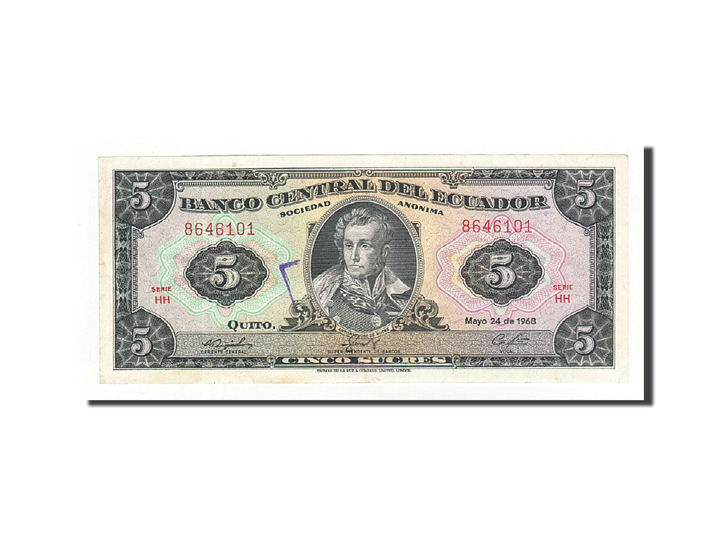 Ecuador, 5 Sucres, 1968, KM:113b, 1968-05-24, AU(50-53)