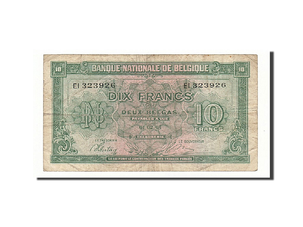 Belgium, 10 Francs-2 Belgas, 1943-1945, KM:122, 1943-02-01, VF(20-25)