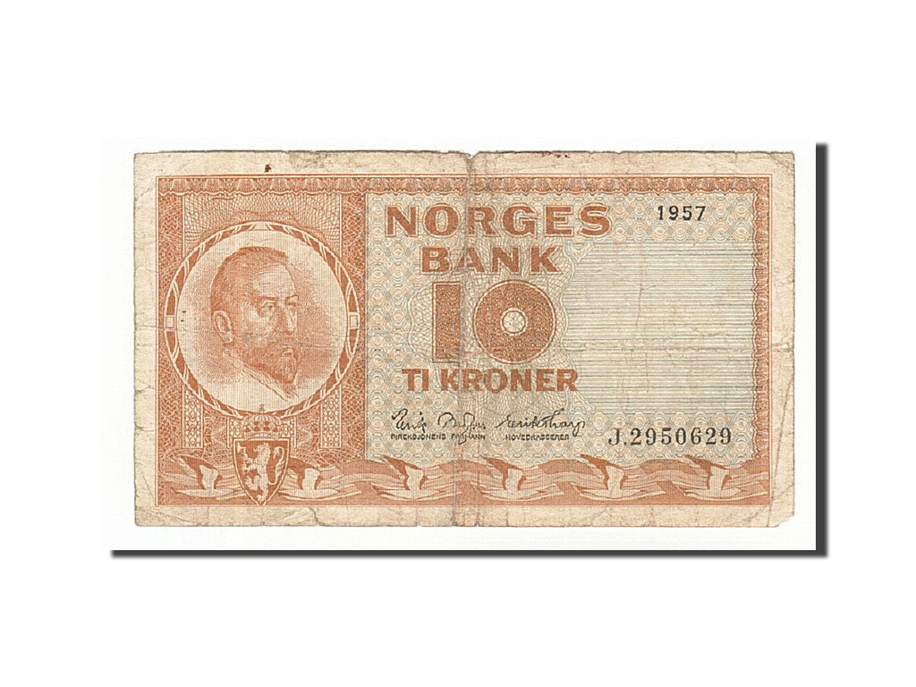 Norway, 10 Kroner, 1957, KM:31b5, 1957, VF(20-25)
