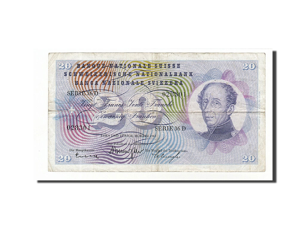 Suisse, 20 Franken, 1954-1976, KM:46j, 1963-03-28, TB