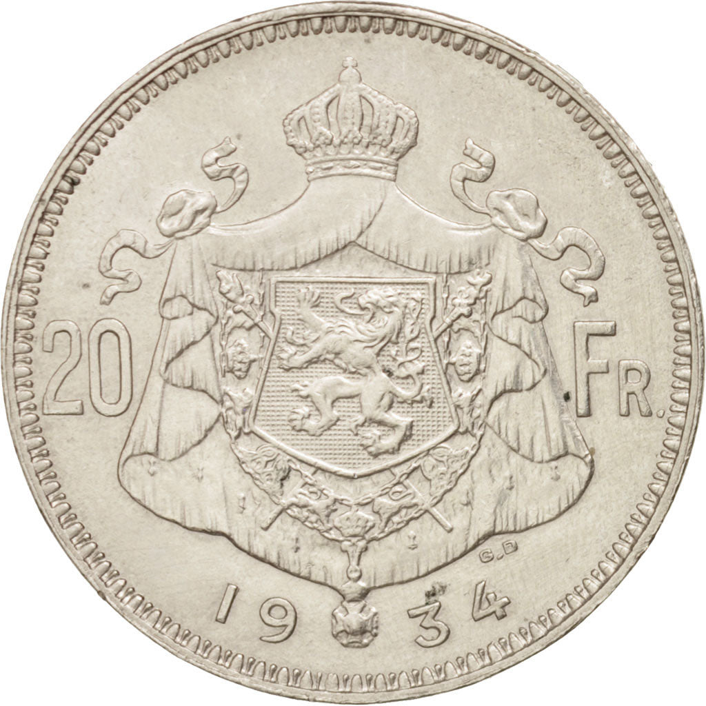 Belgien, 20 Francs, 20 Frank, 1934, AU(55-58), Silver, KM:104.1