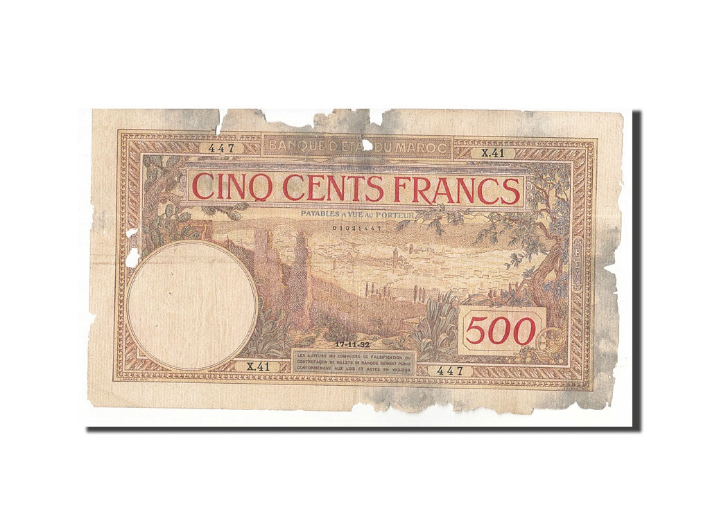 Banknote, Morocco, 500 Francs, 1920-1924, 1932-11-17, KM:15a, VG(8-10)
