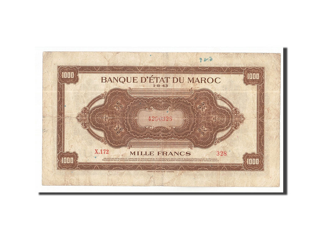 Morocco, 1000 Francs, 1943, KM:28a, 1943-08-01, VF(20-25)