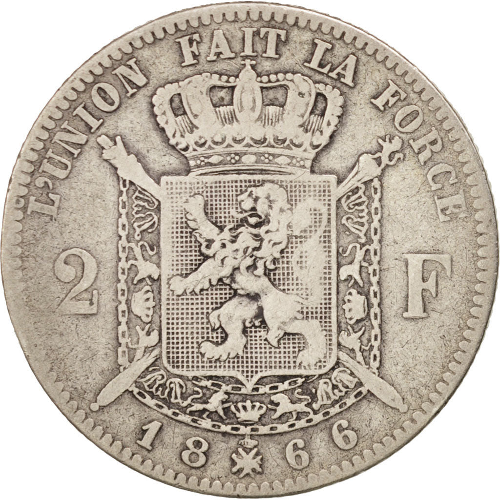Belgium, Leopold II, 2 Francs, 2 Frank, 1866, F(12-15), Silver, KM:30.1