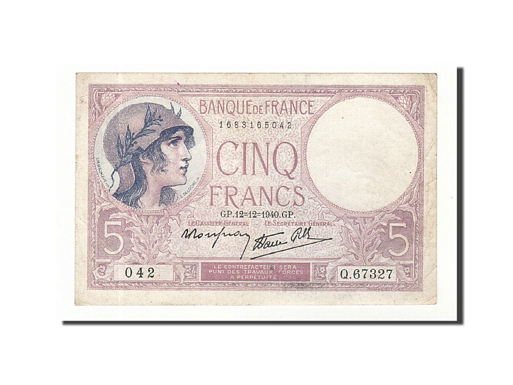 Banknote, France, 5 Francs, 1940, 1940-12-12, VF(30-35), Fayette:4.17, KM:83